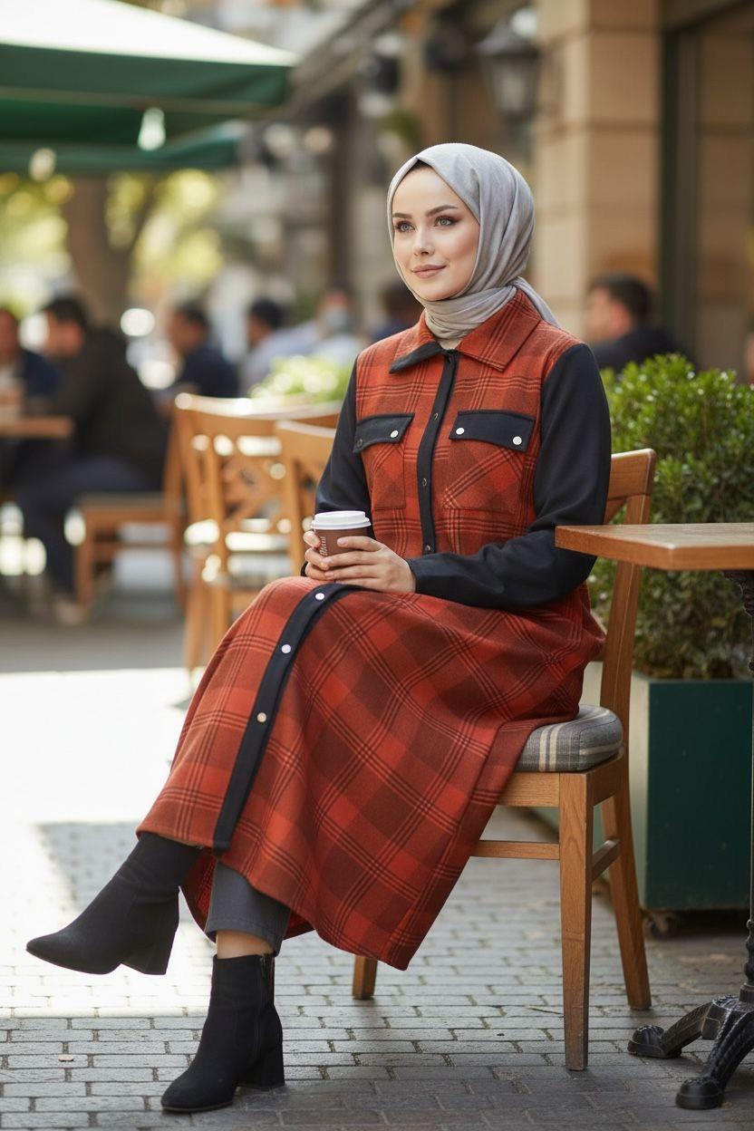 Ekose Kumaş Önden Düğmeli Tunik Kap -Turuncu