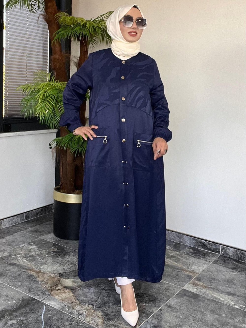 Jakar İpek Saten Kumaş Çıtçıtlı Kap -Lacivert