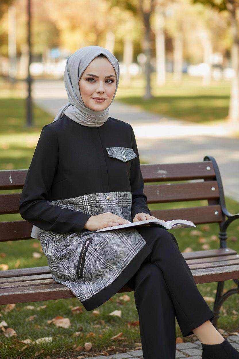 Örme Kumaş Kombinli Ekose Tunik Takım-Gri