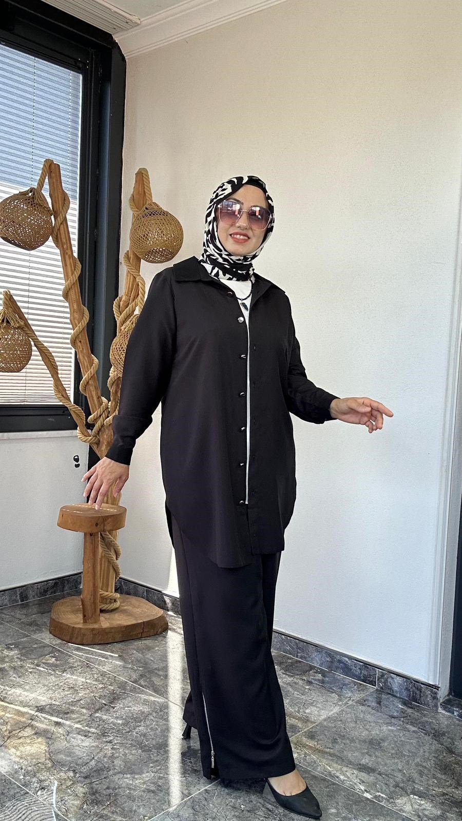 Pamuklu Kumaş Fermuar Detaylı İkili Takım -Siyah