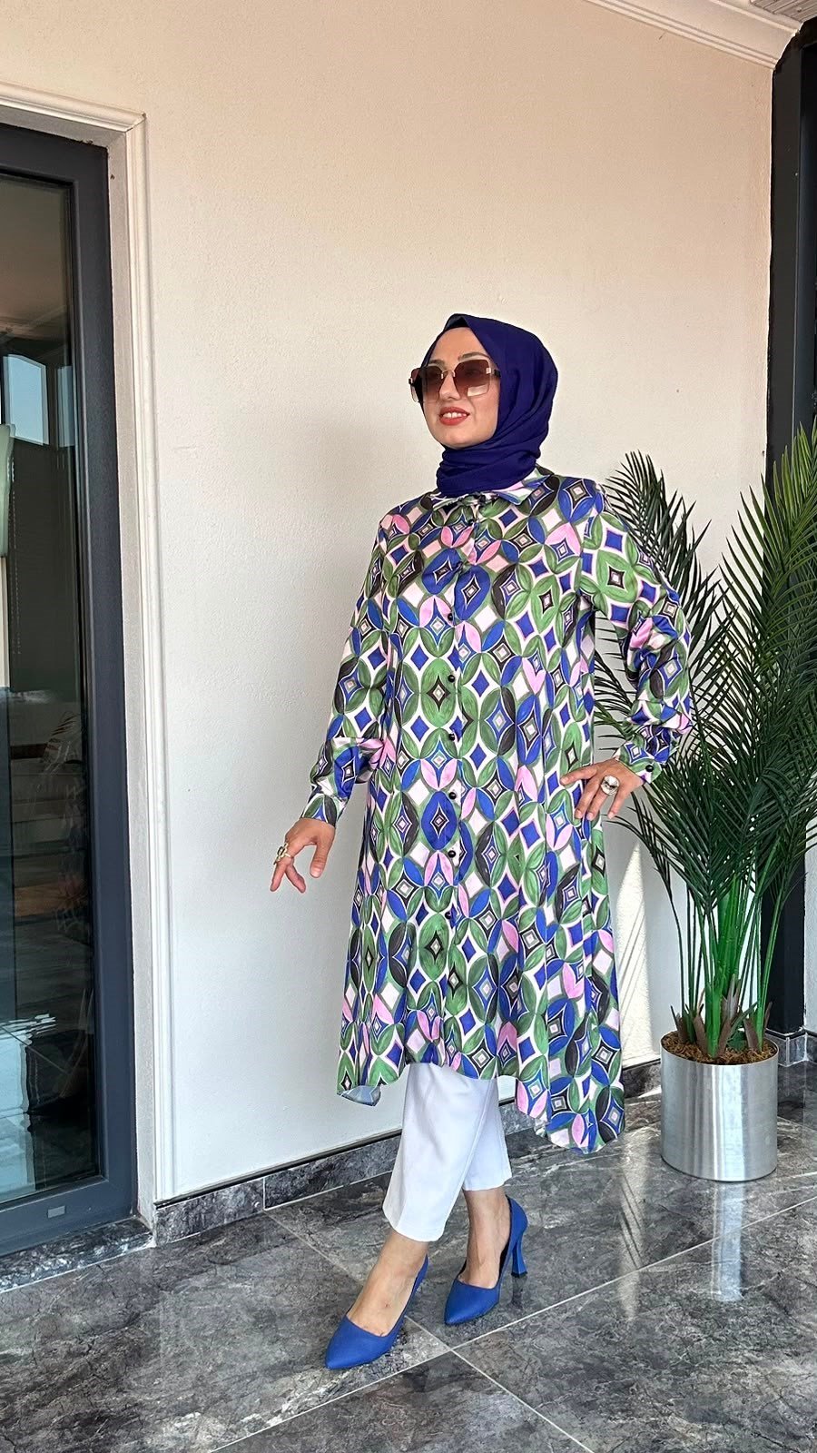 Saten Kumaş Desenli Tunik 