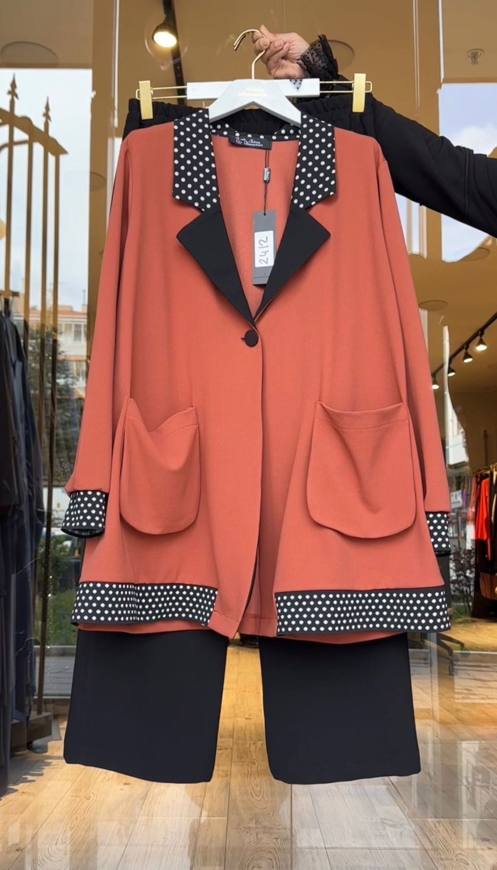 Scuba Krep Kumaş Önden Tek Düğmeli Blazer Ceket Takım -Kiremit