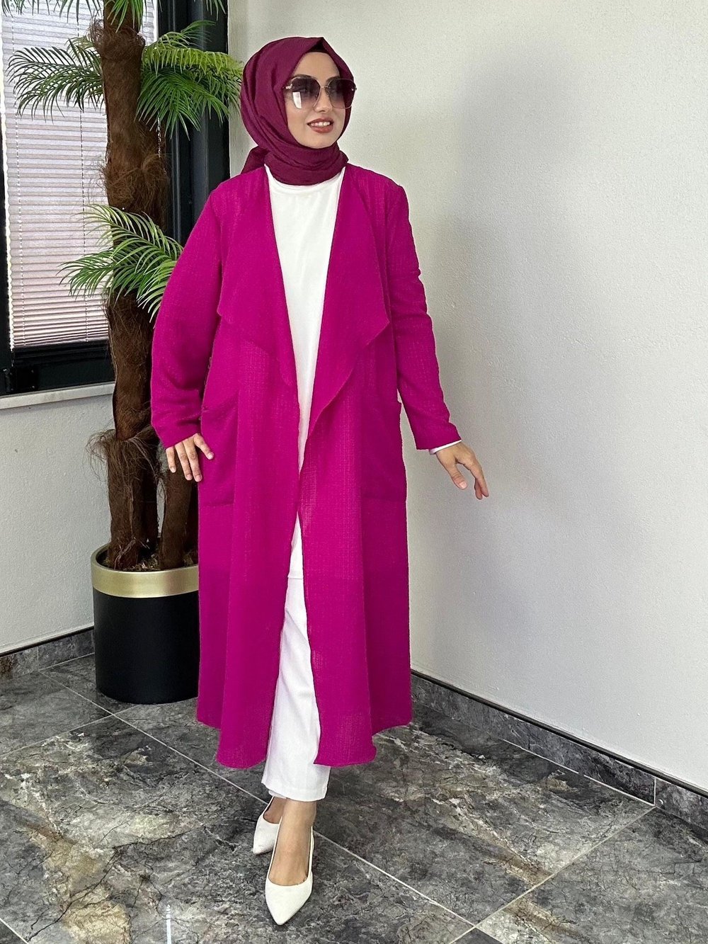 Şifon Krep Kumaş Ceket -Fuşya