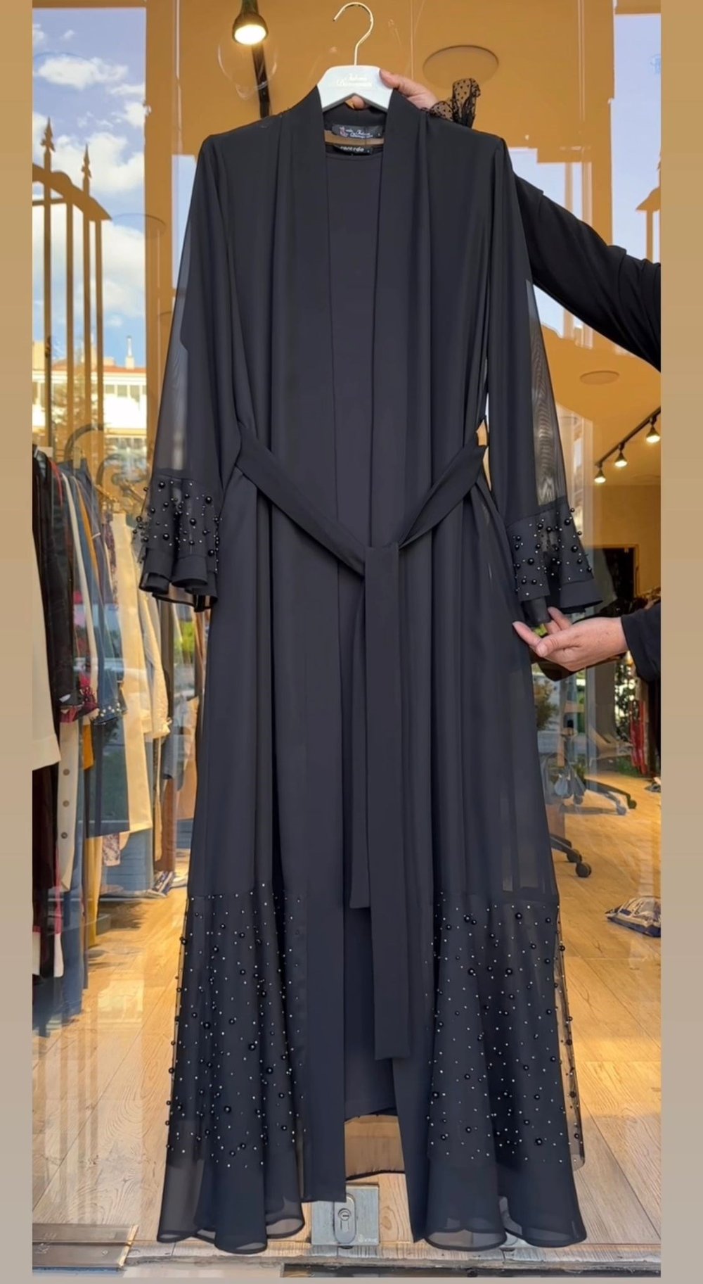 Şifon Kumaş Taş Çakma Detaylı İkili Abaya -Siyah