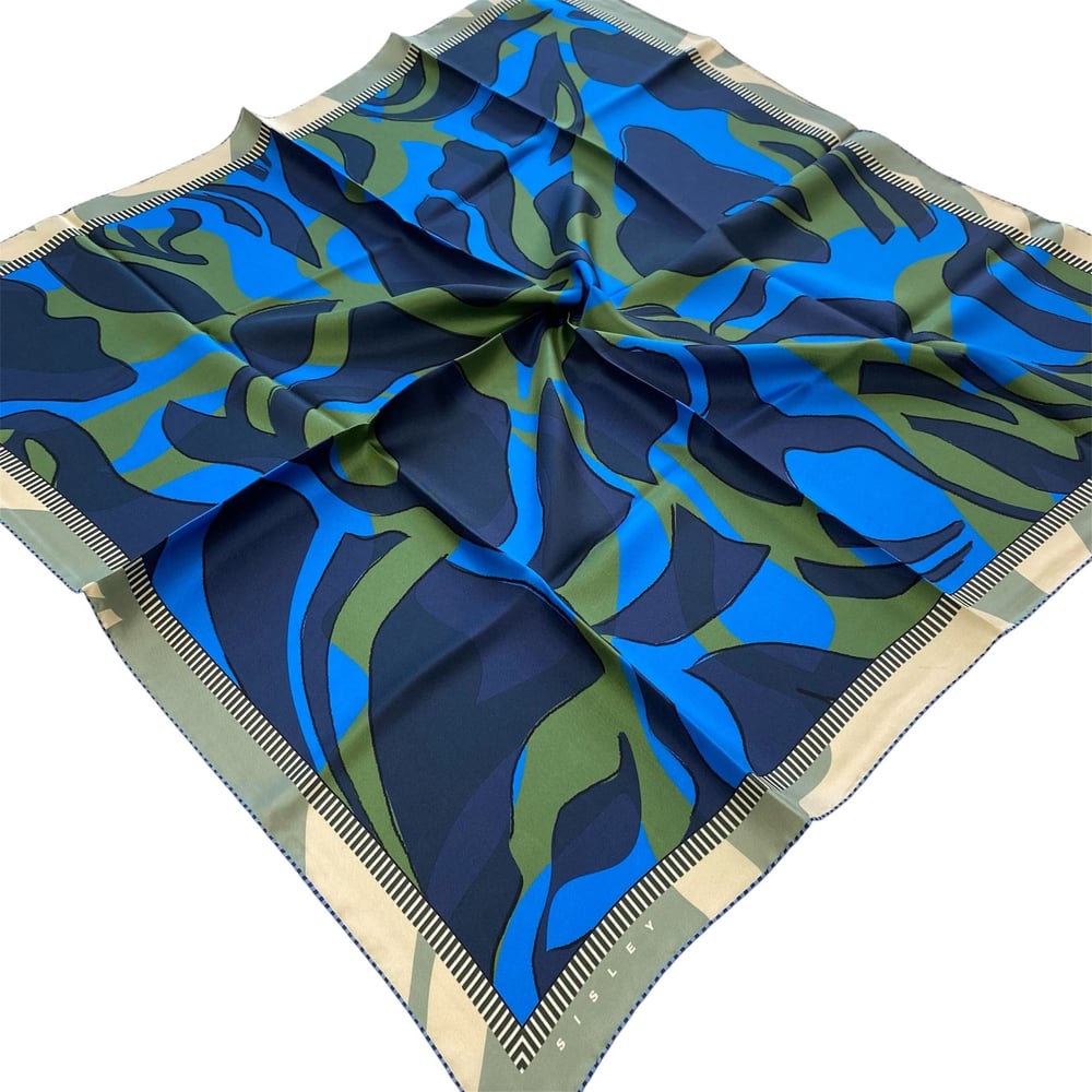 Sisley Twill Saf İpek Eşarp Lacivert Yeşili Geometrik Desen 2023 