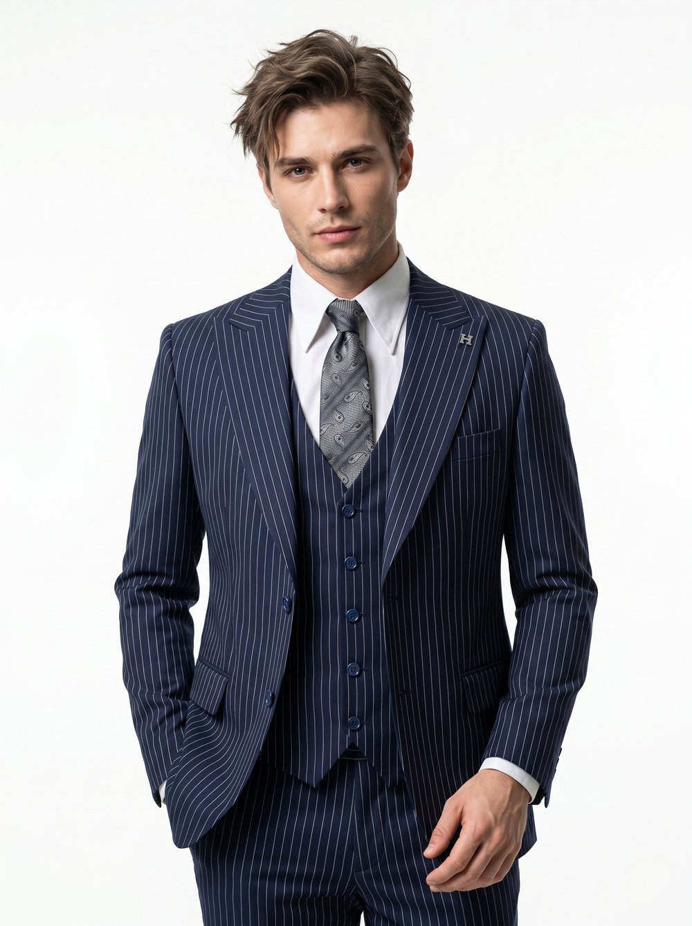 Sartorial | Gece Mavisi Çizgili Yelekli Takım Elbise 