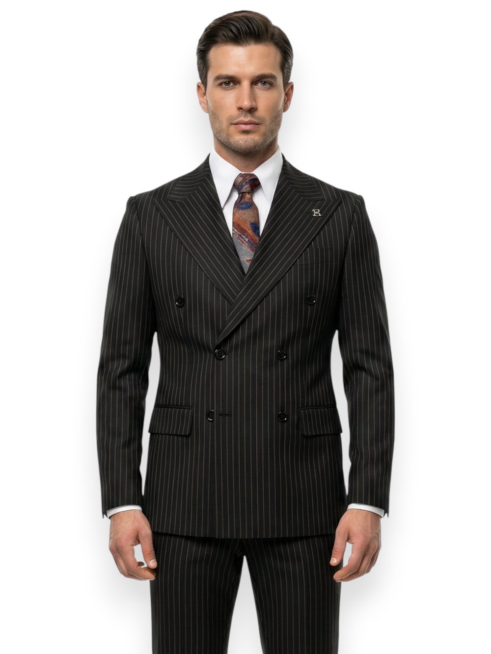Sartorial | Onyx Siyah Terakota Çizgili Kruvaze Takım Elbise