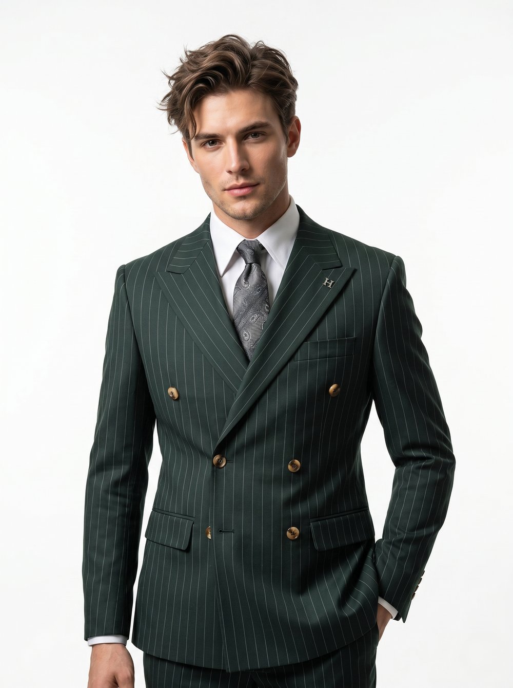 Sartorial | Zümrüt Yeşili Çizgili Kruvaze Takım Elbise