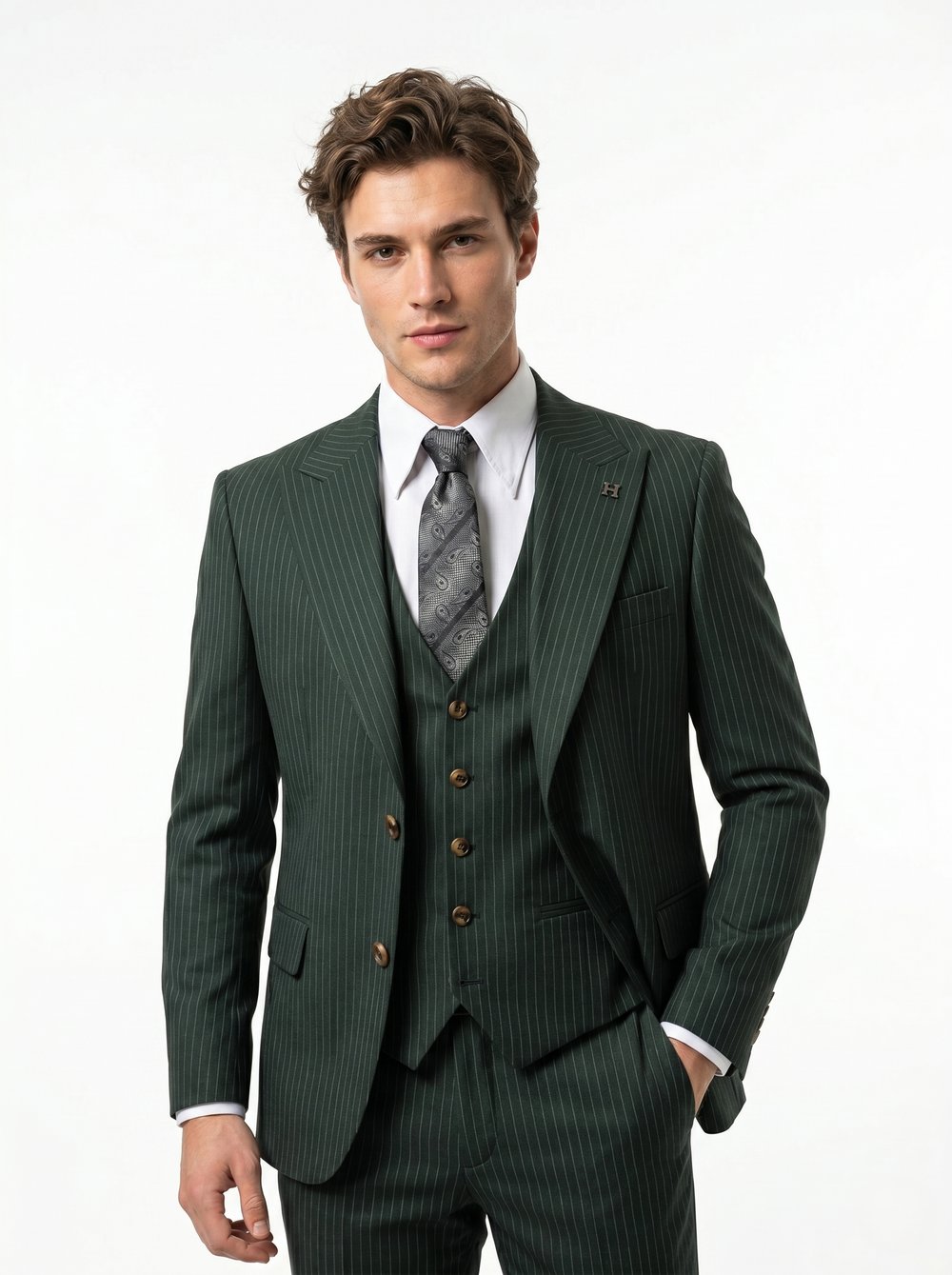 Sartorial | Zümrüt Yeşili Çizgili Yelekli Takım Elbise