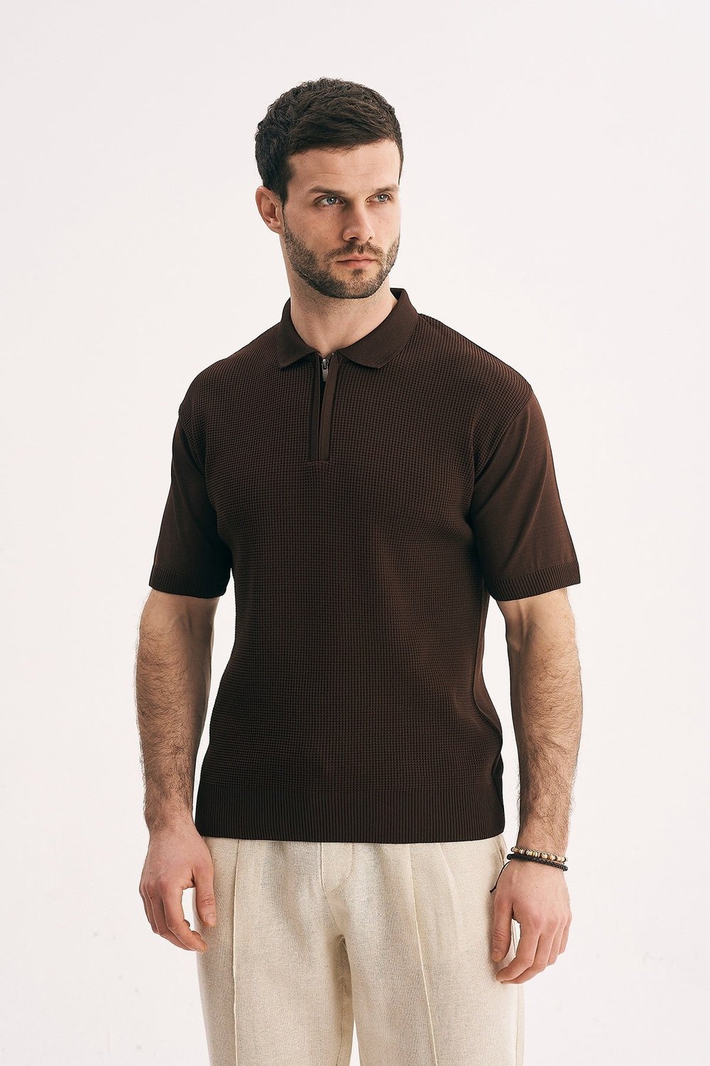 Erkek Fermuarlı Yaka Triko Tişört Regular Fit Örgü Dokulu Polo Yaka