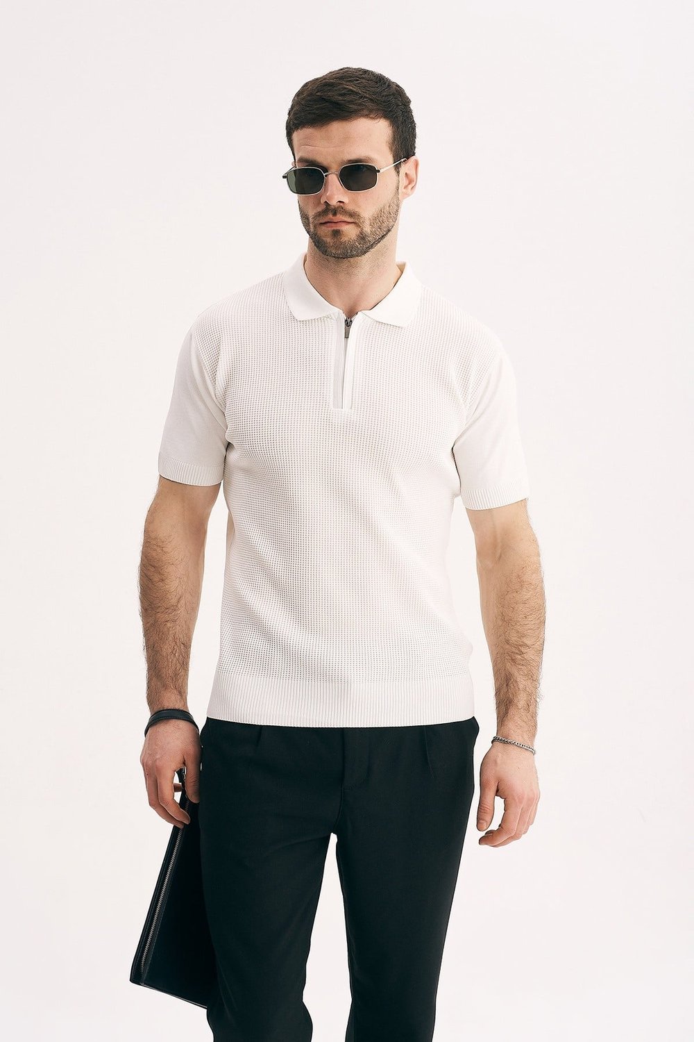 Erkek Fermuarlı Yaka Triko Tişört Regular Fit Örgü Dokulu Polo Yaka