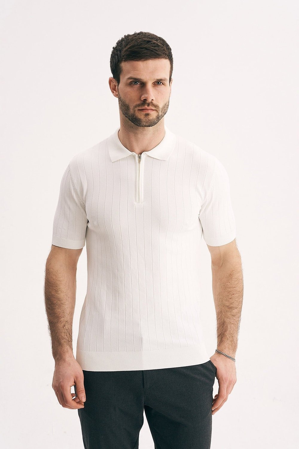 Erkek Fermuar Yakalı Fitilli Triko Tişört-Slim Fit Polo Yaka Örme
