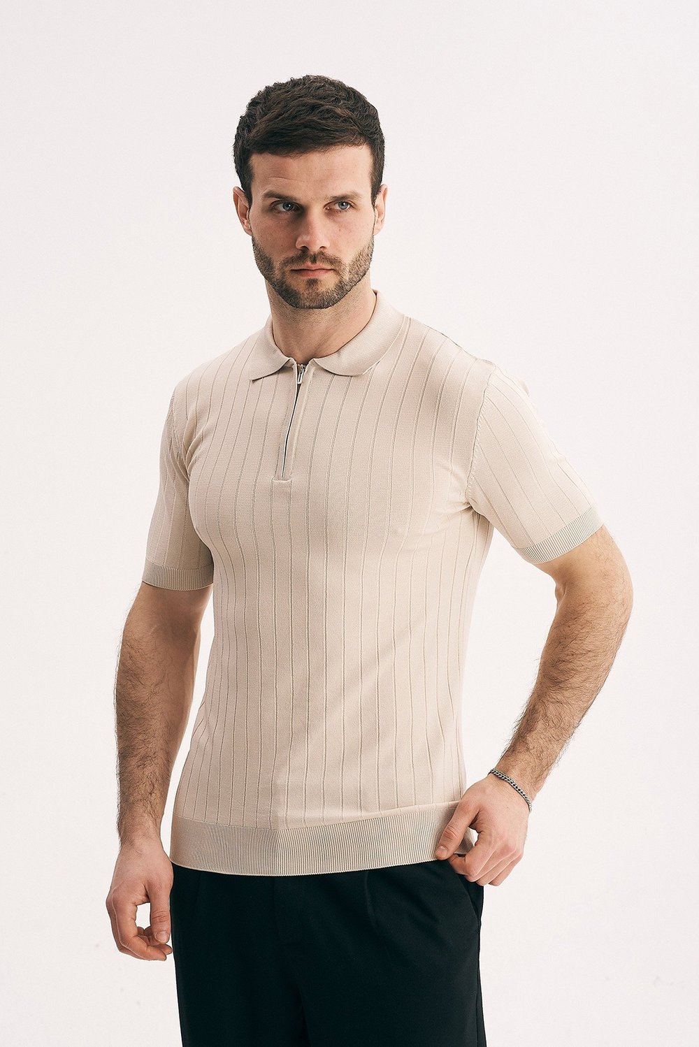 Erkek Fermuar Yakalı Fitilli Triko Tişört-Slim Fit Polo Yaka Örme