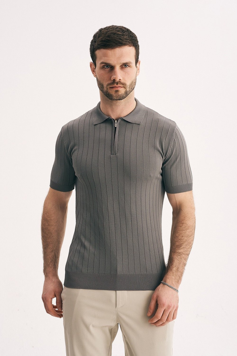 Erkek Fermuar Yakalı Fitilli Triko Tişört-Slim Fit Polo Yaka Örme