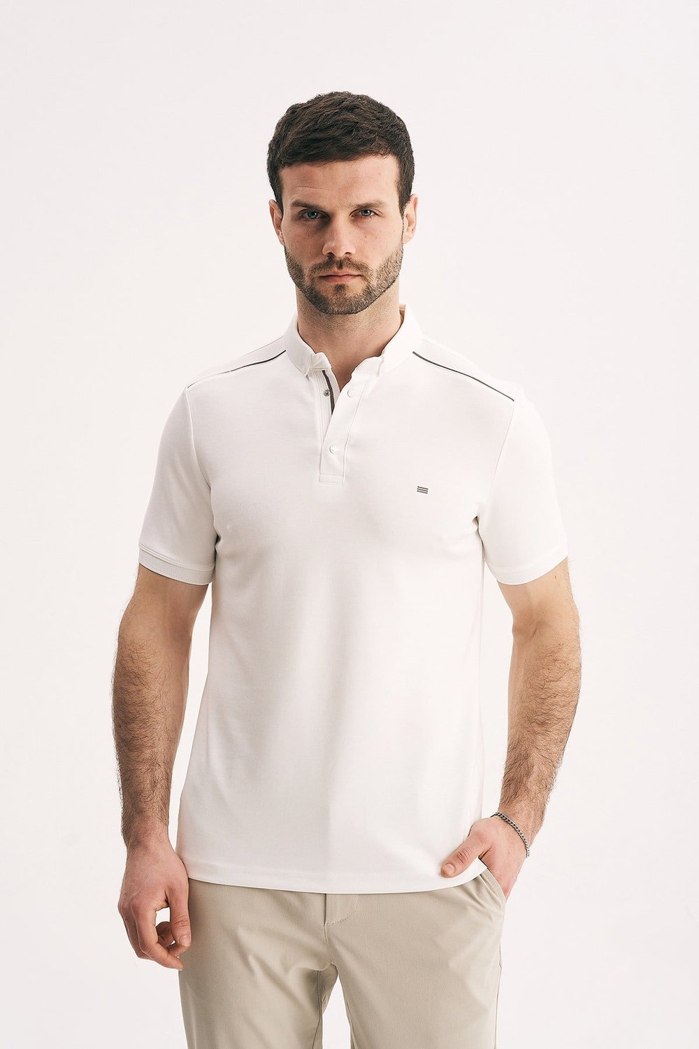 Erkek Slim Fit Polo Yaka Tişört - Omuz ve Yaka Çizgi Detaylı Dokulu Polo