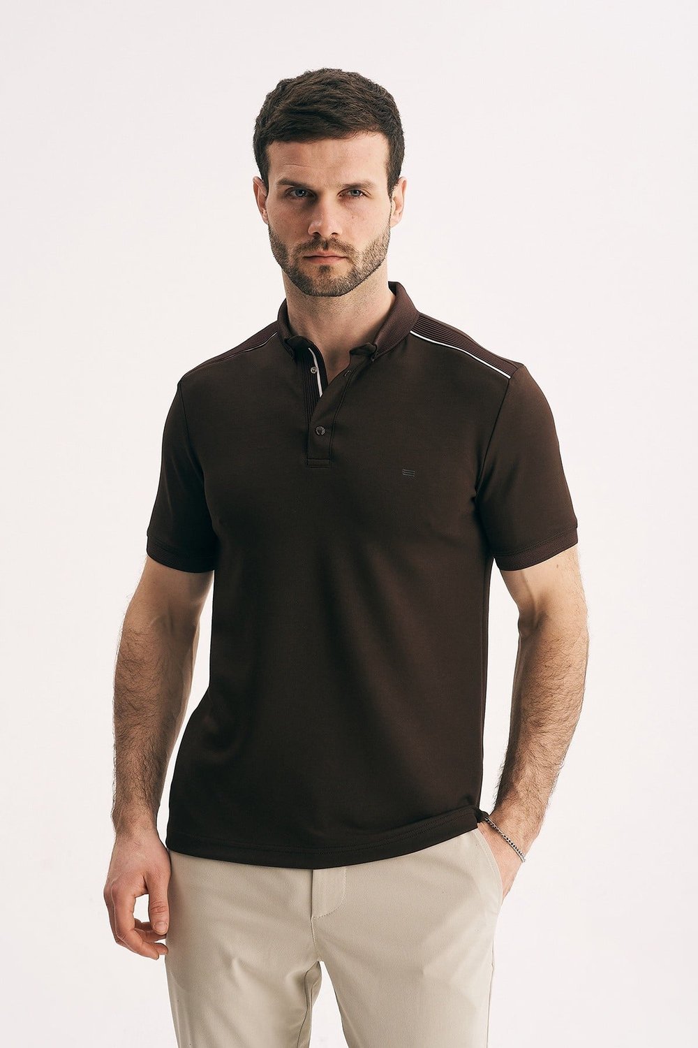 Erkek Slim Fit Polo Yaka Tişört - Omuz ve Yaka Çizgi Detaylı Dokulu Polo