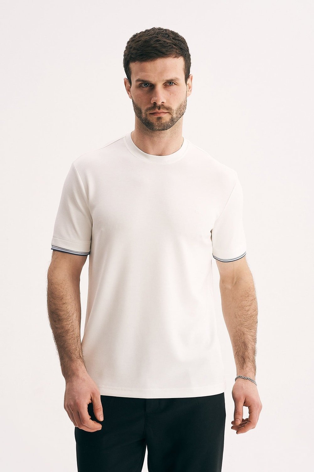 Erkek Bisiklet Yaka Kolu Çizgili Premium Pamuklu Slim Fit Tişört