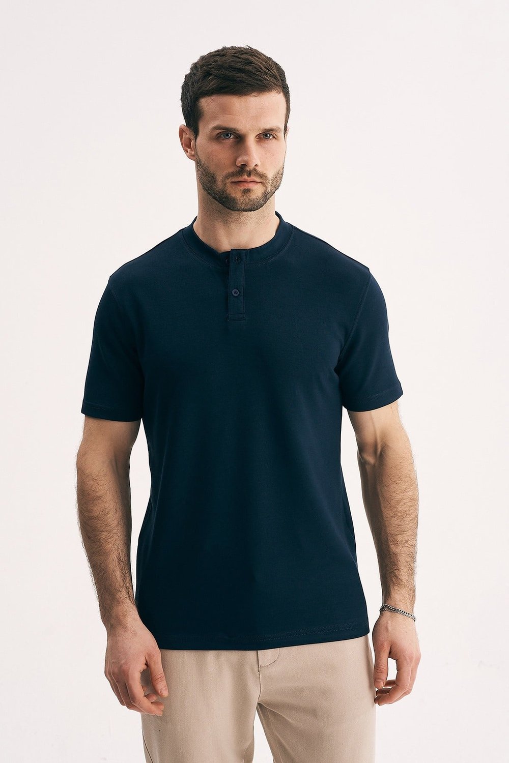 Erkek Hakim Yaka Düğmeli Slim Fit Merserize Dokulu Tişört