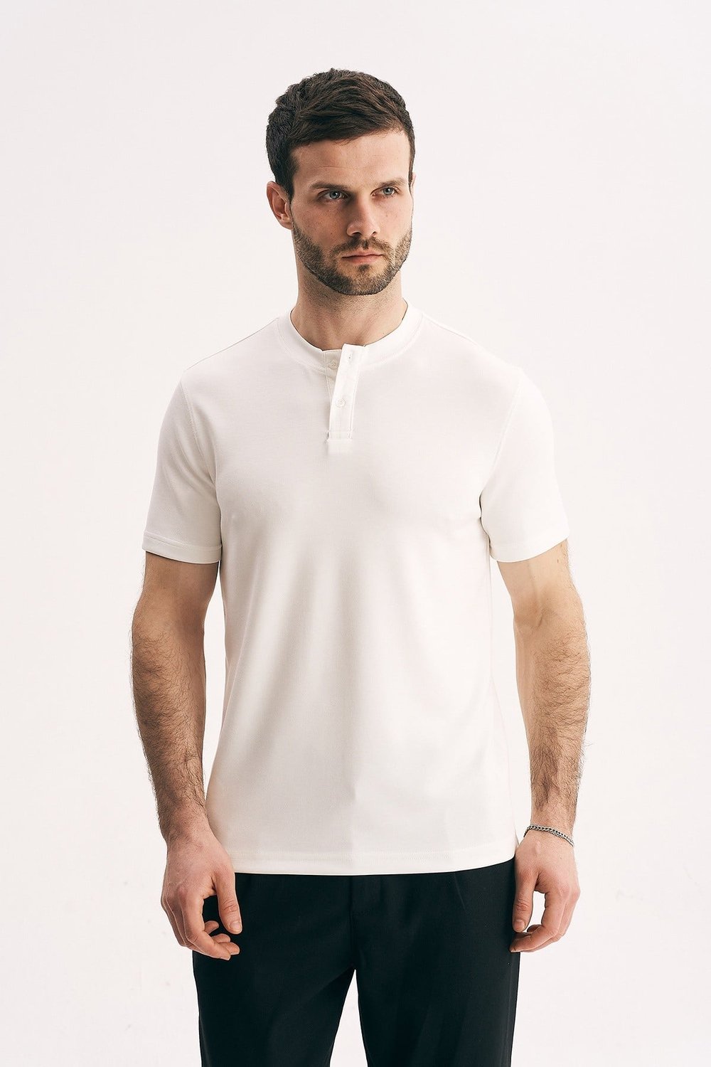 Erkek Hakim Yaka Düğmeli Slim Fit Merserize Dokulu Tişört