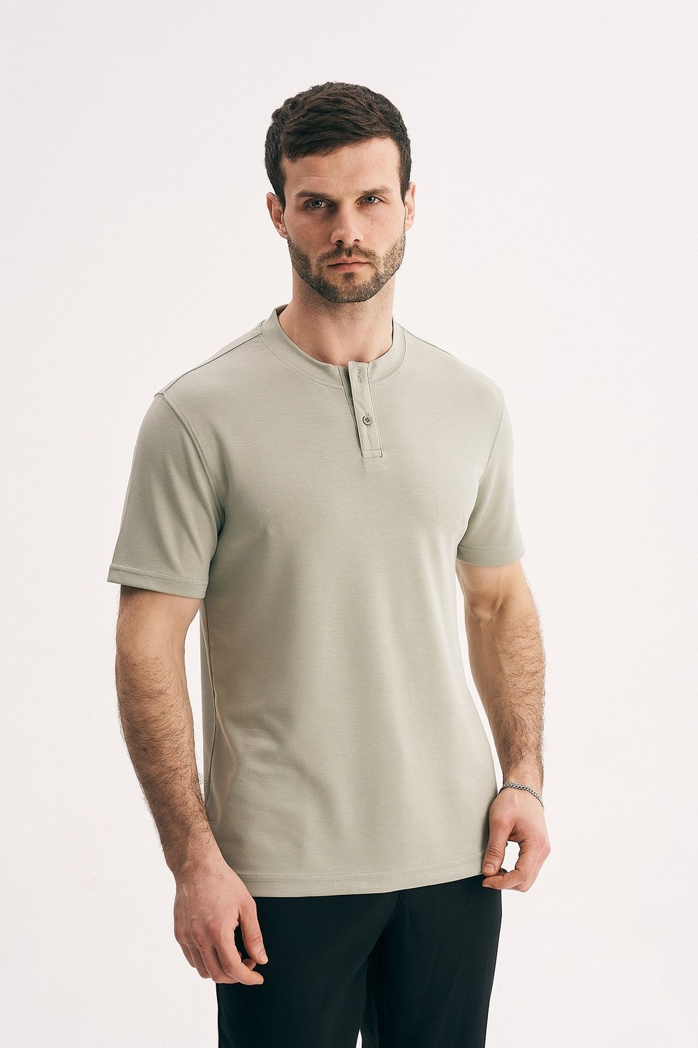 Erkek Hakim Yaka Düğmeli Slim Fit Merserize Dokulu Tişört