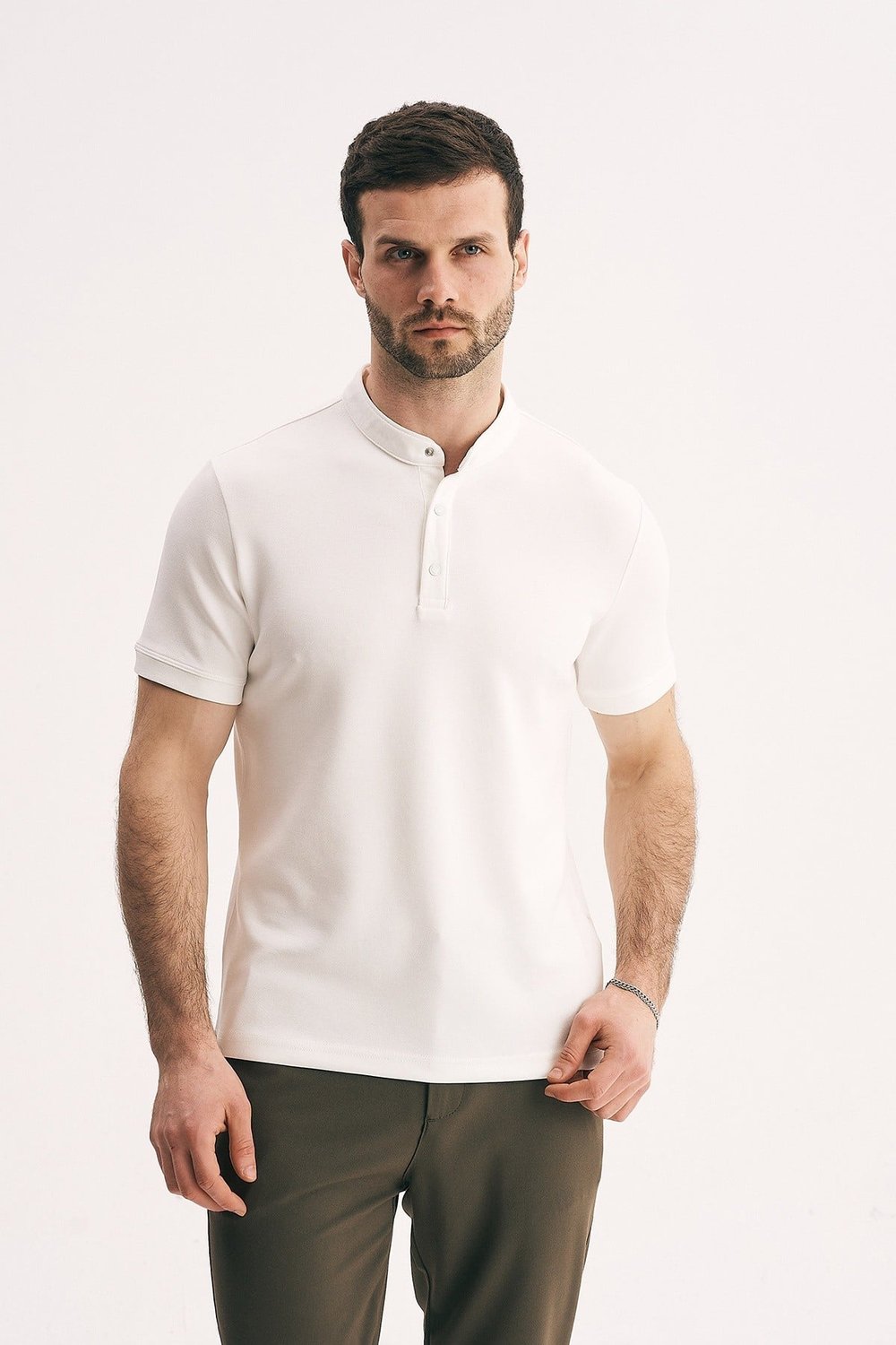 Erkek Hakim Yaka Düğmeli Slim Fit Merserize Dokulu Tişört