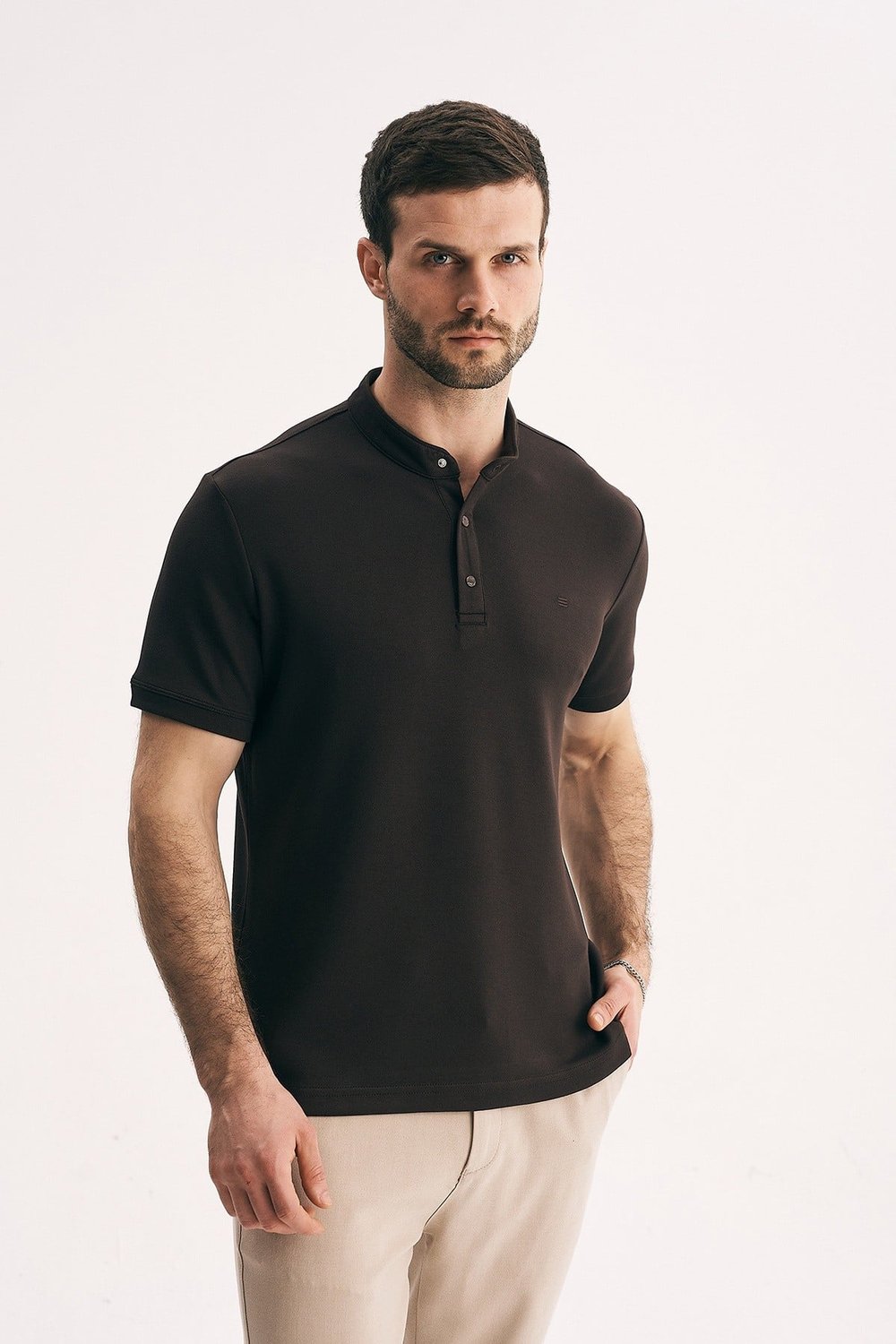 Erkek Hakim Yaka Düğmeli Slim Fit Merserize Dokulu Tişört