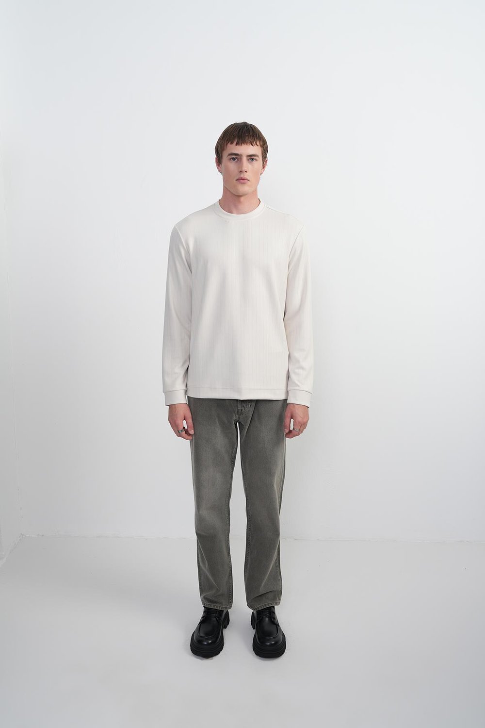 Erkek Bisiklet Yaka Çizgili Kumaş Krem Sweatshirt