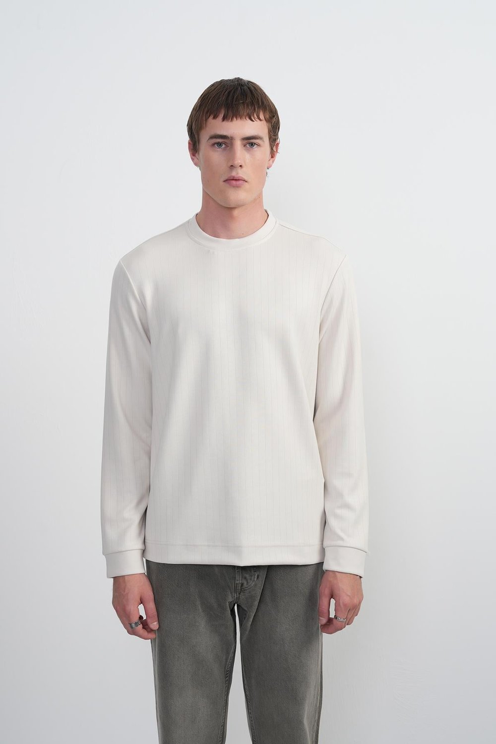 Erkek Bisiklet Yaka Çizgili Kumaş Krem Sweatshirt