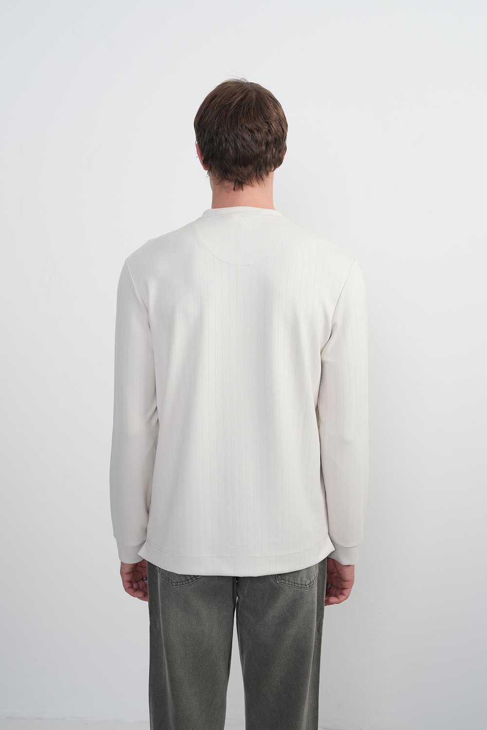 Erkek Bisiklet Yaka Çizgili Kumaş Krem Sweatshirt