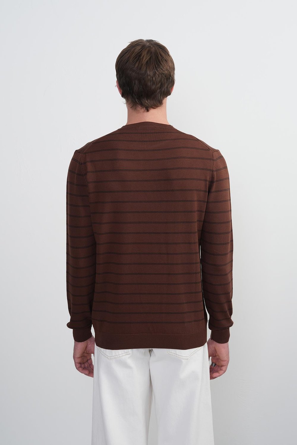 Erkek Çizgili Bisiklet Yaka Salaş Kahve Sweatshirt