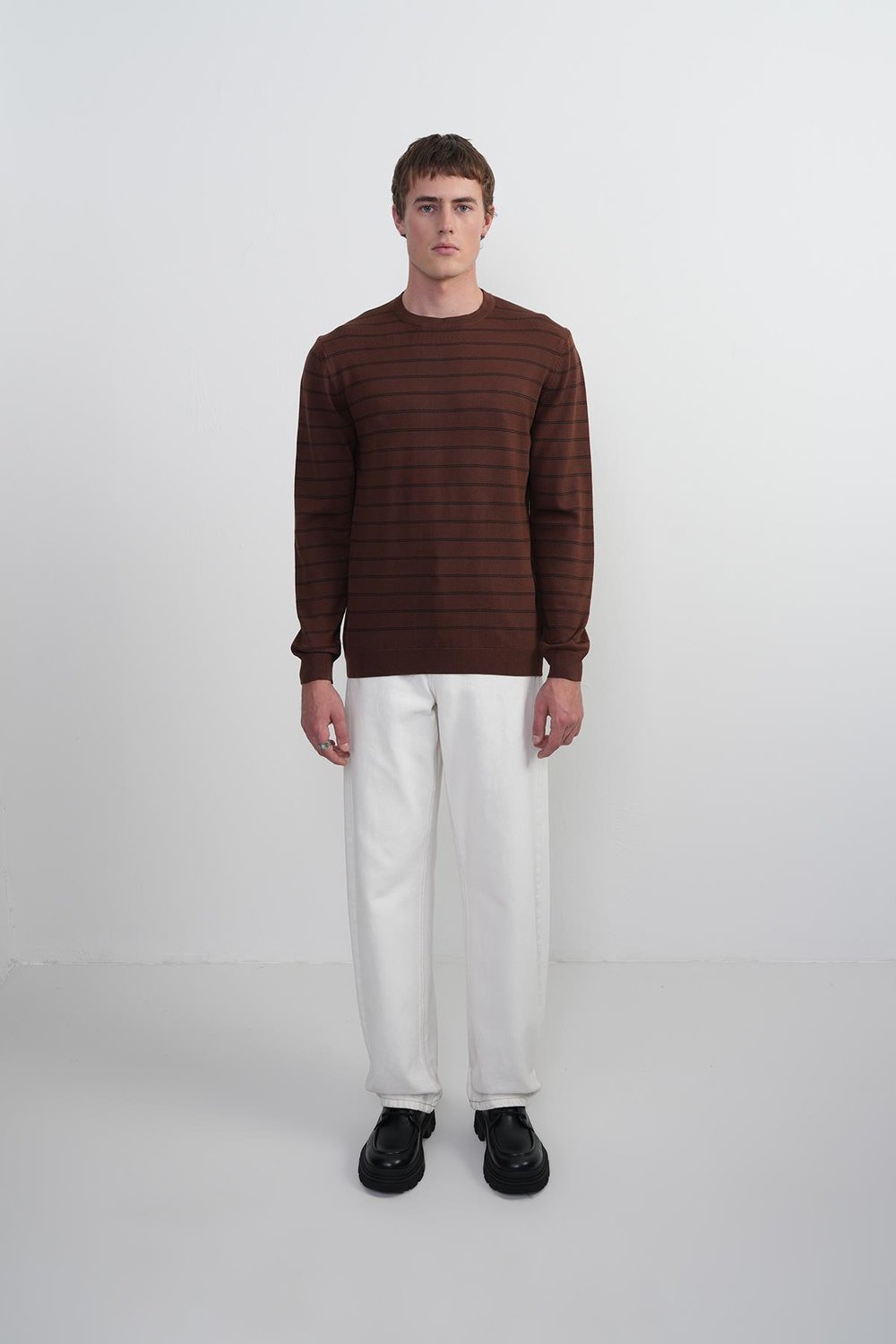 Erkek Çizgili Bisiklet Yaka Salaş Kahve Sweatshirt