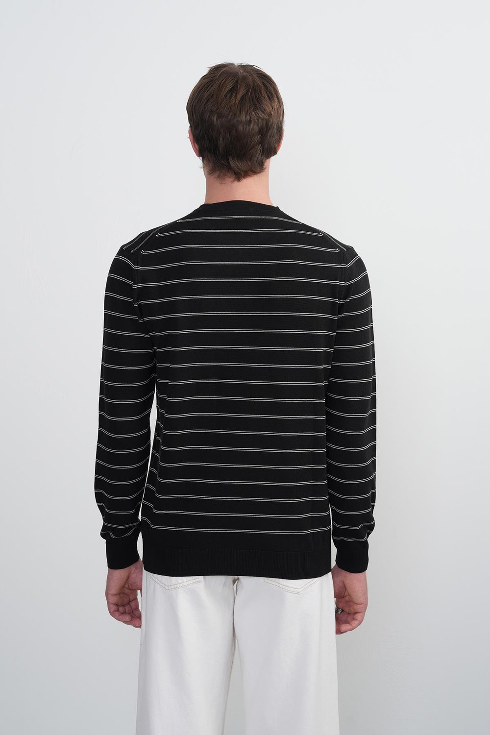 Erkek Çizgili Bisiklet Yaka Salaş Siyah Sweatshirt