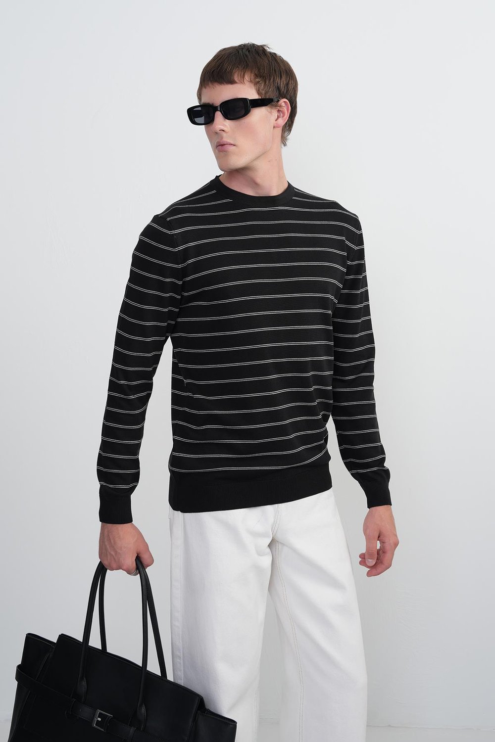 Erkek Çizgili Bisiklet Yaka Salaş Siyah Sweatshirt