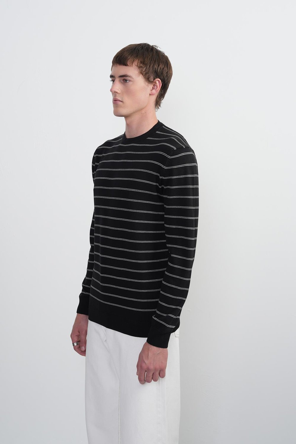 Erkek Çizgili Bisiklet Yaka Salaş Siyah Sweatshirt