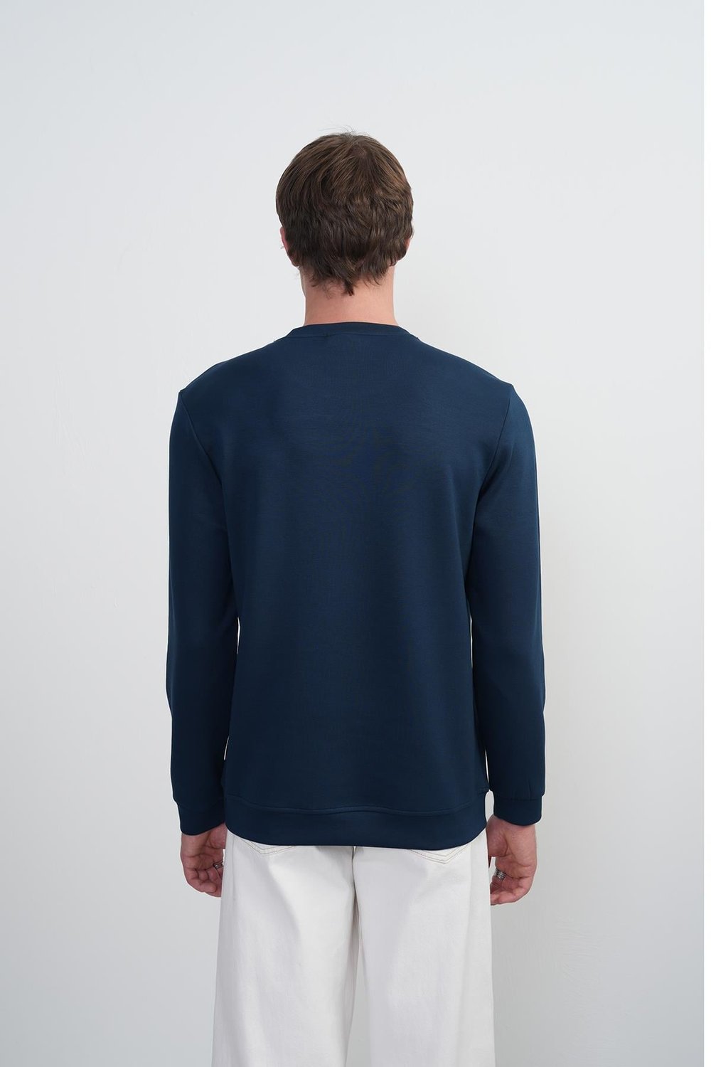Erkek Omuz Çizgili Bisiklet Yaka Lacivert Sweatshirt