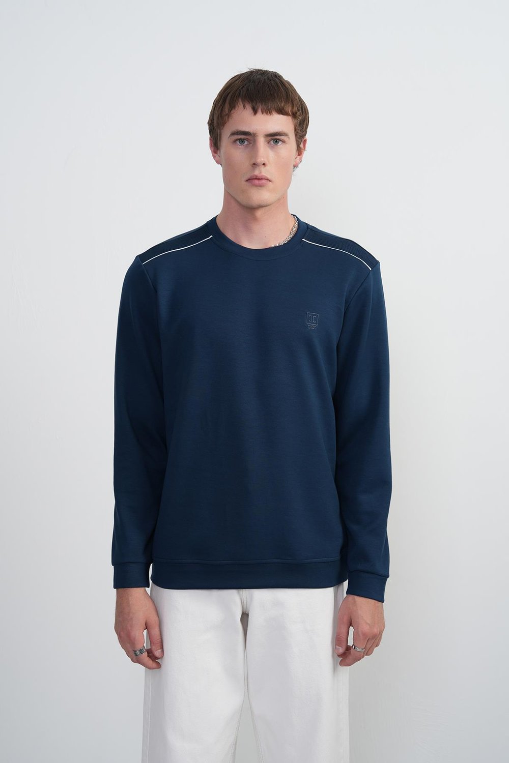 Erkek Omuz Çizgili Bisiklet Yaka Lacivert Sweatshirt