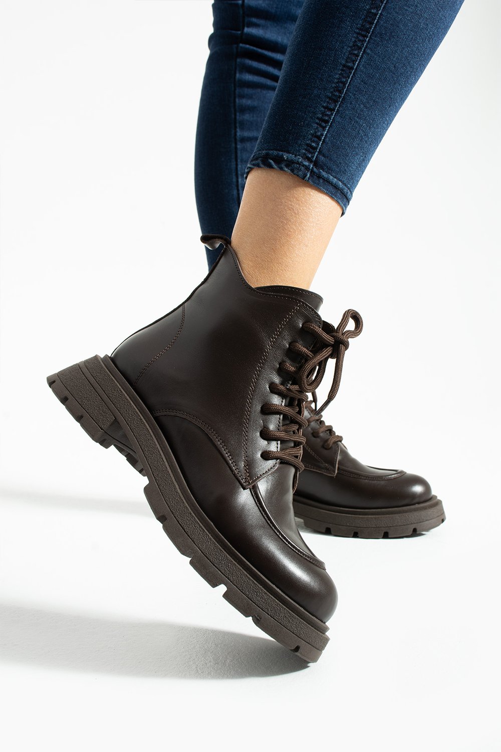 Kadın Bot & Bootie Hakiki Deri Koyu Kahverengi
