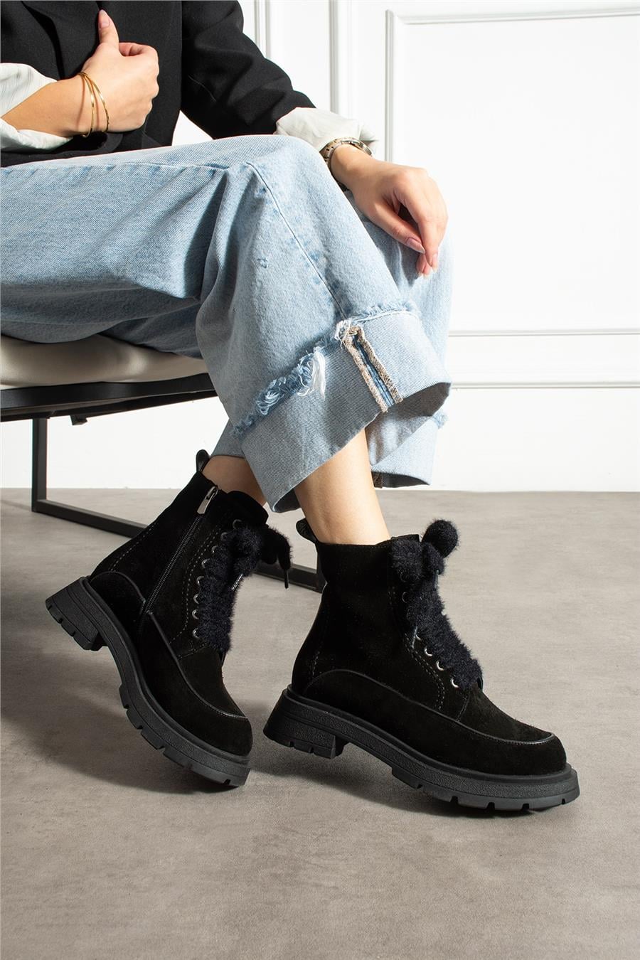 Kadın Bot & Bootie Süet Siyah Orta Topuklu Casual/Günlük Soğuk Havaya Dayanıklı
