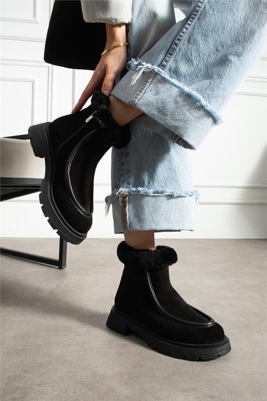 Kadın Bot & Bootie Süet Siyah Orta Topuklu Casual/Günlük Soğuk Havaya Dayanıklı
