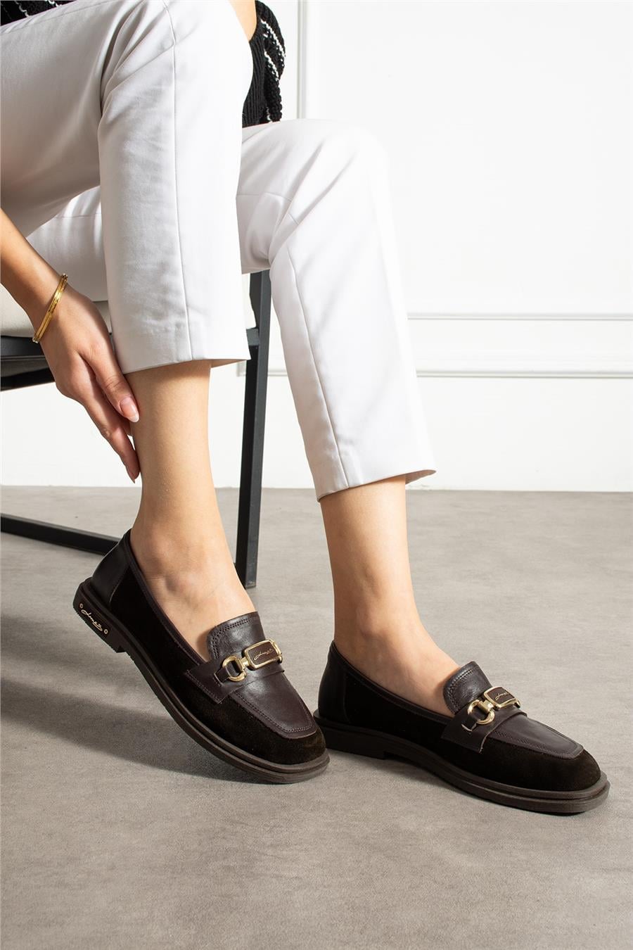 Kadın Loafer Ayakkabı Hakiki Deri Kahverengi Kısa Topuklu Casual/Günlük