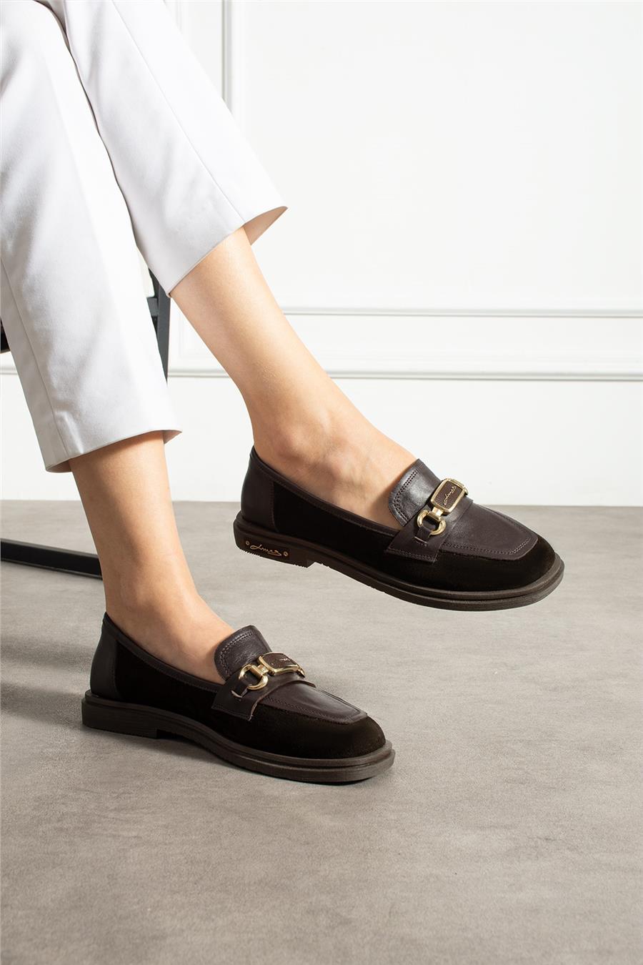 Kadın Loafer Ayakkabı Hakiki Deri Kahverengi Kısa Topuklu Casual/Günlük