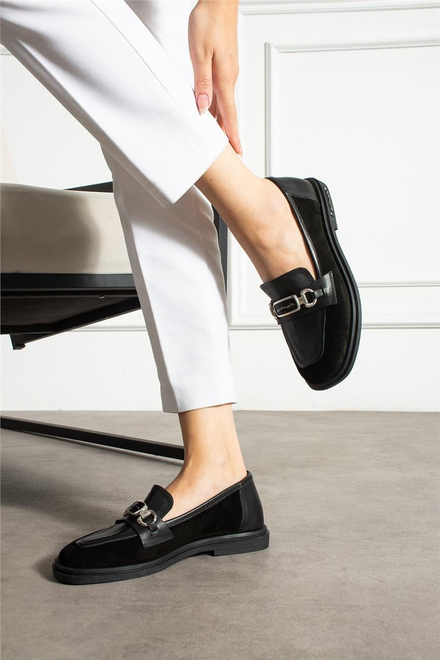 Kadın Loafer Ayakkabı Hakiki Deri Siyah Kısa Topuklu Casual/Günlük