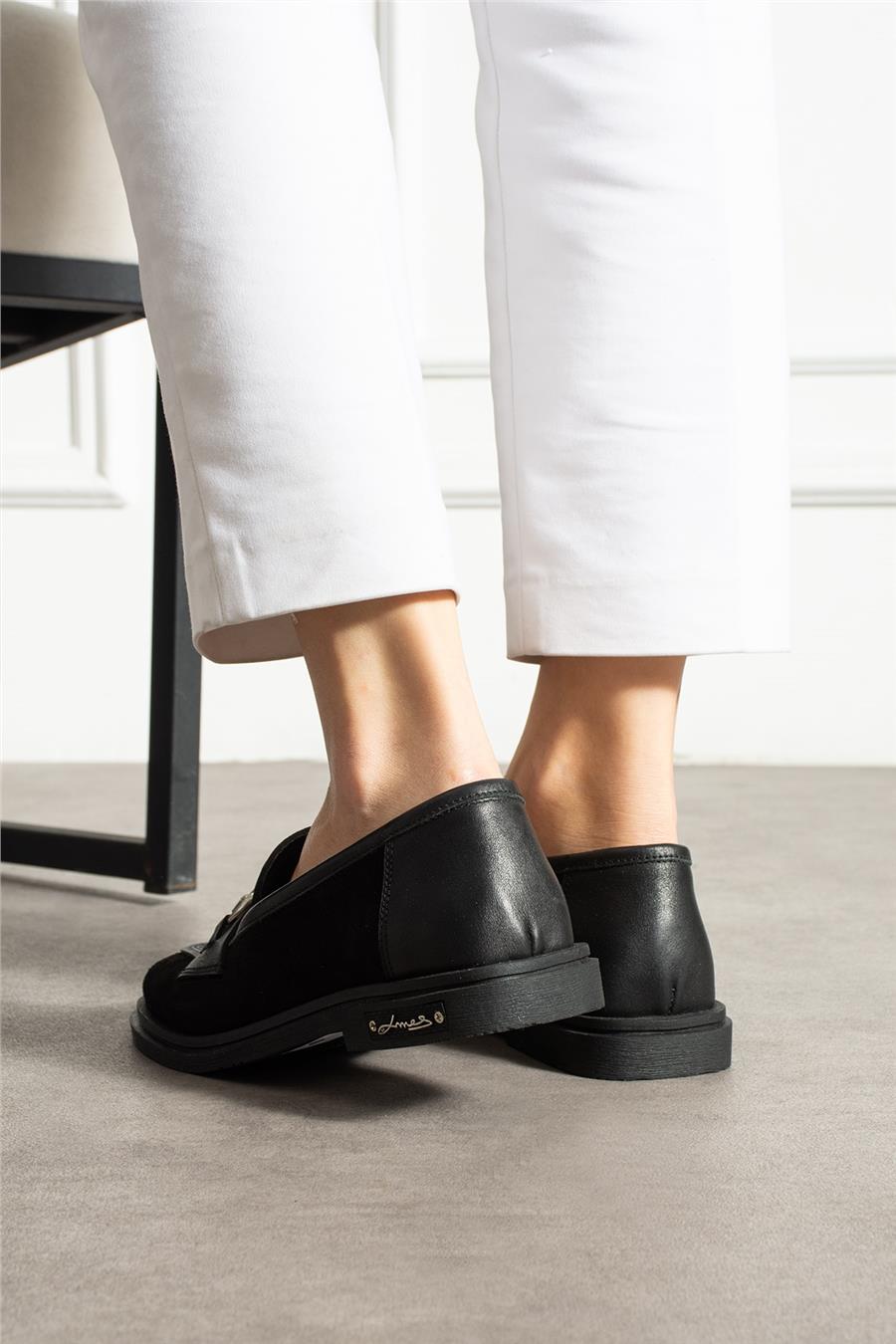 Kadın Loafer Ayakkabı Hakiki Deri Siyah Kısa Topuklu Casual/Günlük