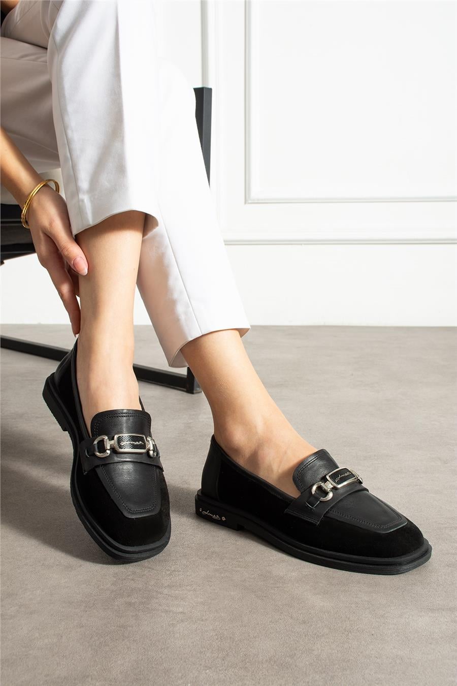 Kadın Loafer Ayakkabı Hakiki Deri Siyah Kısa Topuklu Casual/Günlük