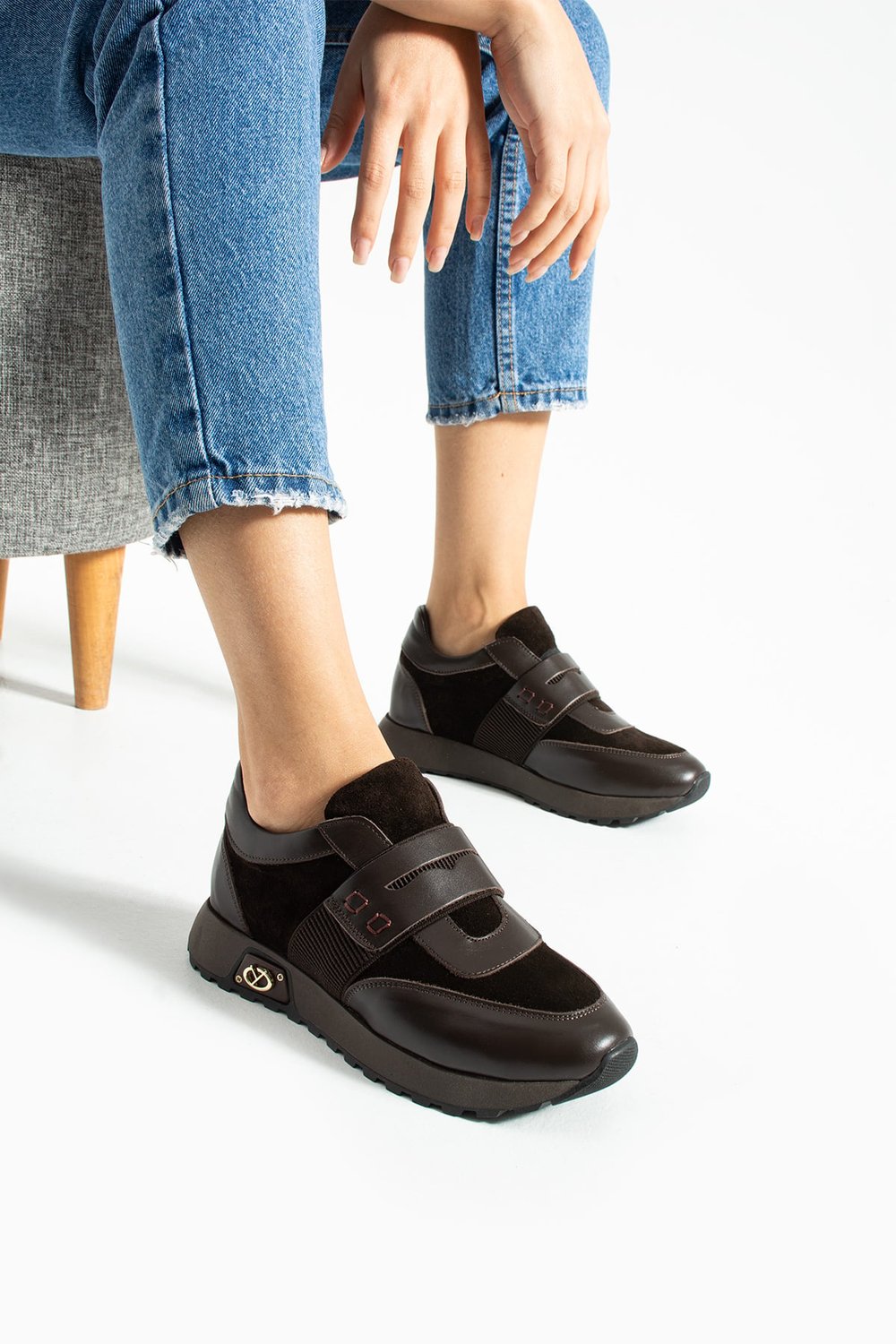 Kadın Sneaker Hakiki Deri Kahverengi Kısa Topuklu Casual/Günlük
