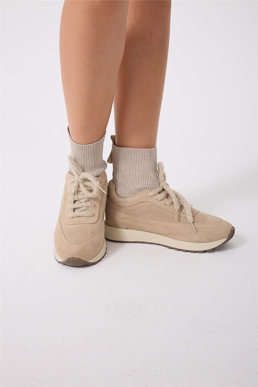 Kadın Sneaker Süet Bej Kısa Topuklu Casual/Günlük Dokuma