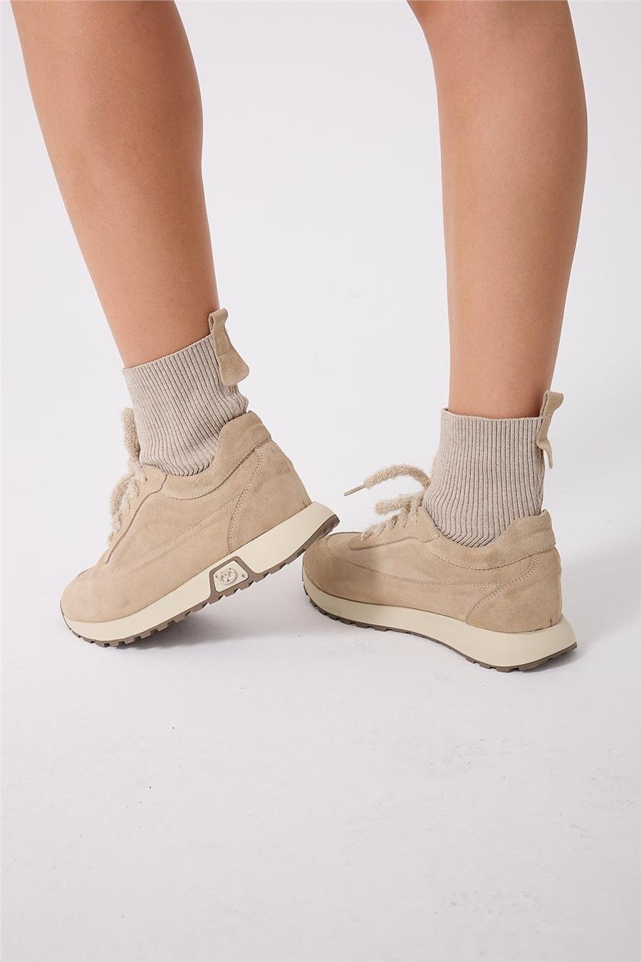 Kadın Sneaker Süet Bej Kısa Topuklu Casual/Günlük Dokuma
