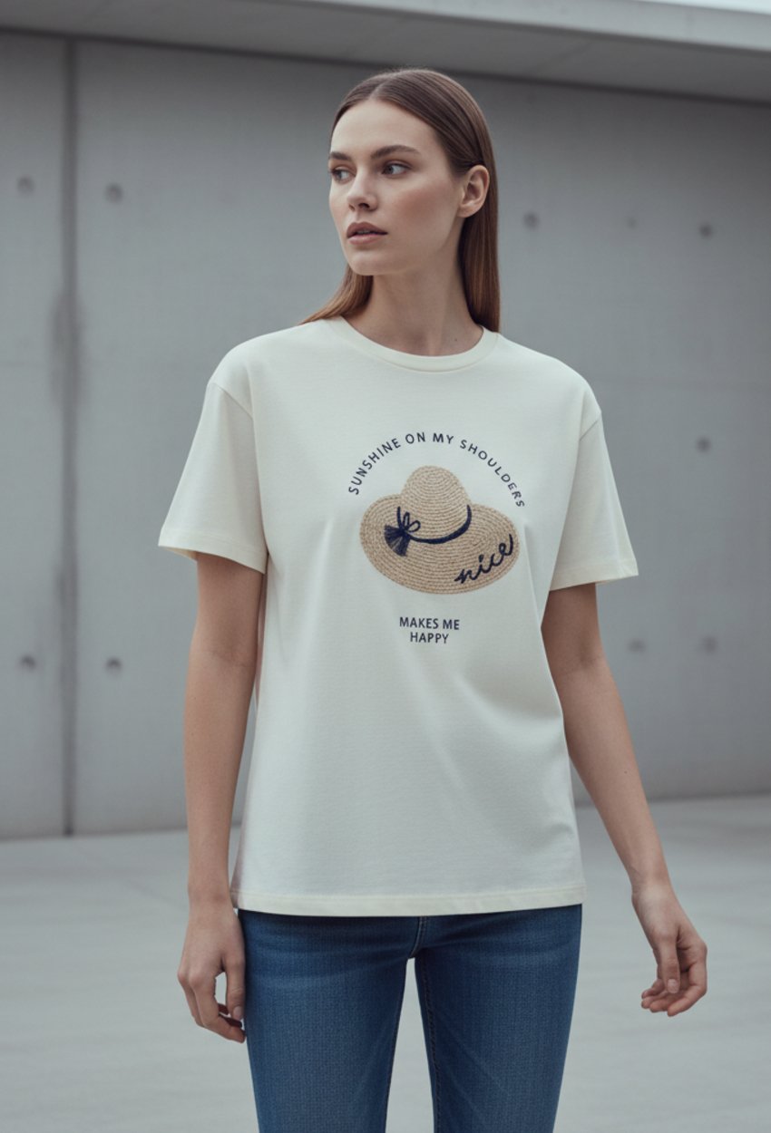 askı ve Nakış Detaylı T-shirt Ekru
