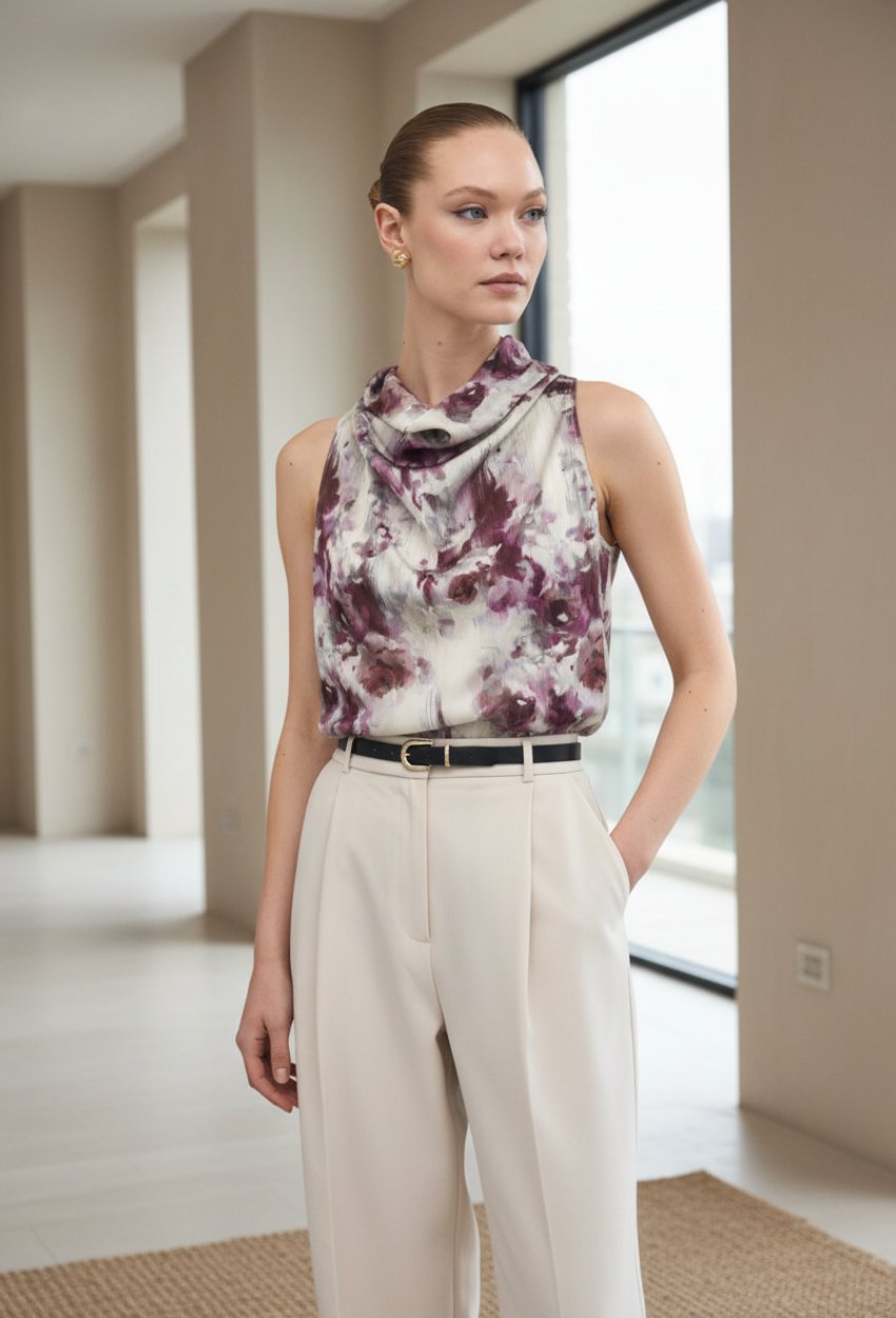 Drapeli Halter Yaka Desenli Bluz - Mürdüm