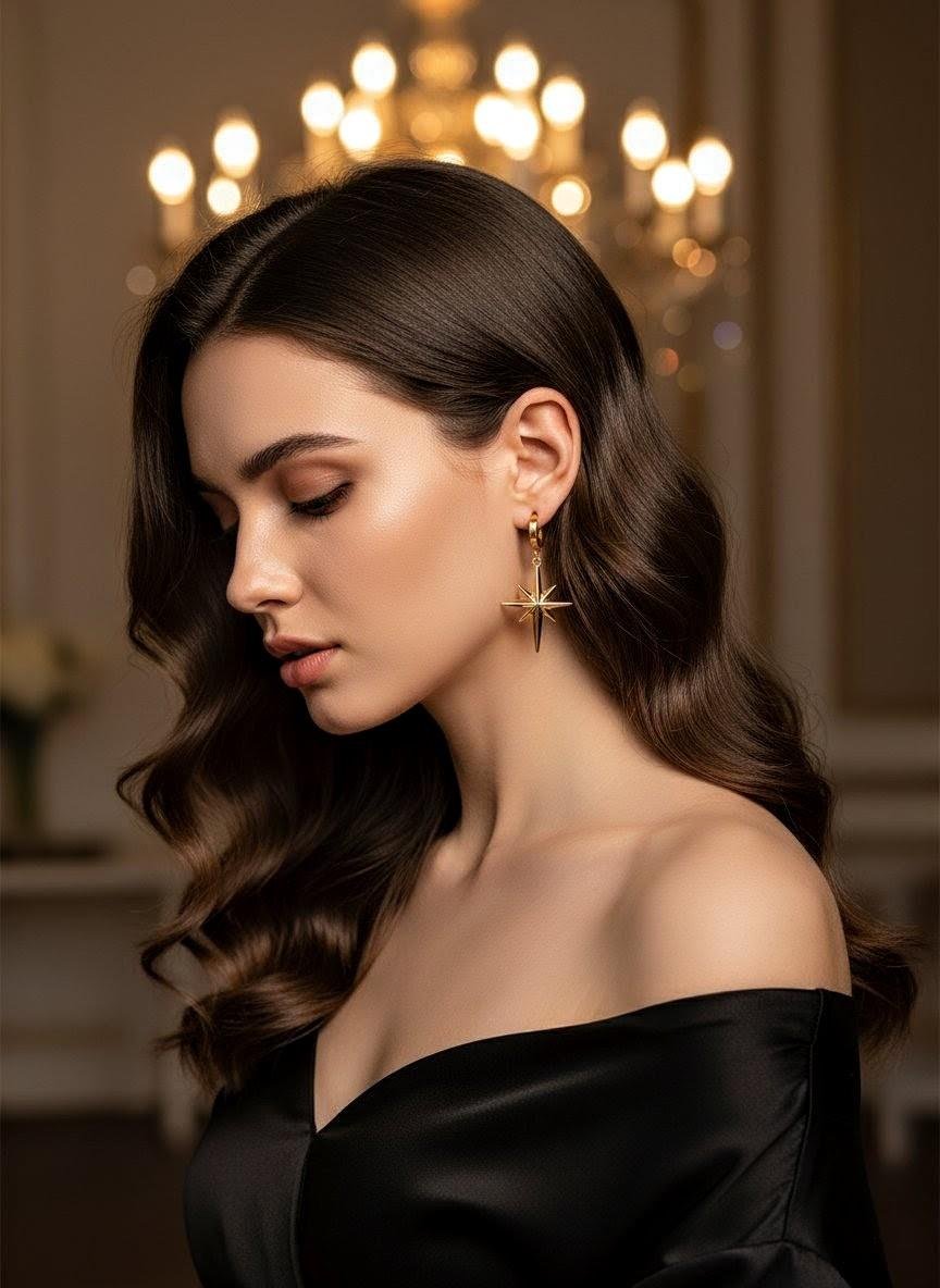 Kadın Trend Modern Line Gold Kuzey Yıldızı Küpe
